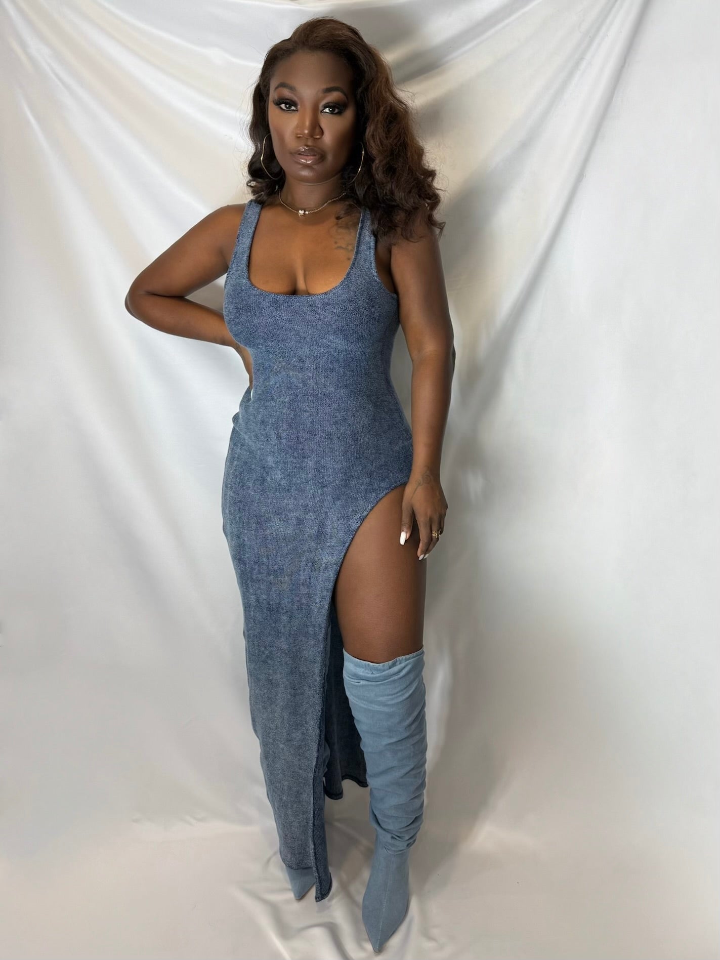 low cut denim dress Cupshe Caf Stop Denim Mini Dress - Blue